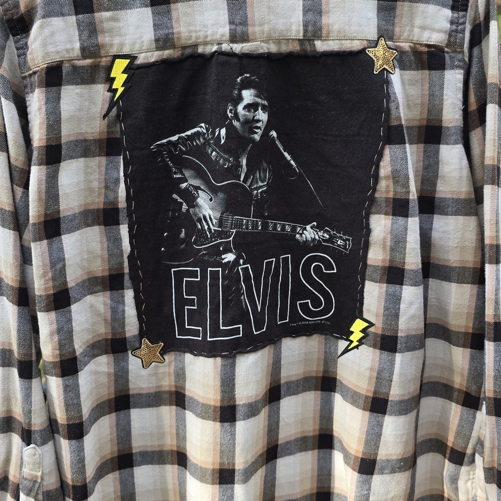 Uniqlo Beige and Black Plaid Button-Down Shirt with Elvis Graphic Patch